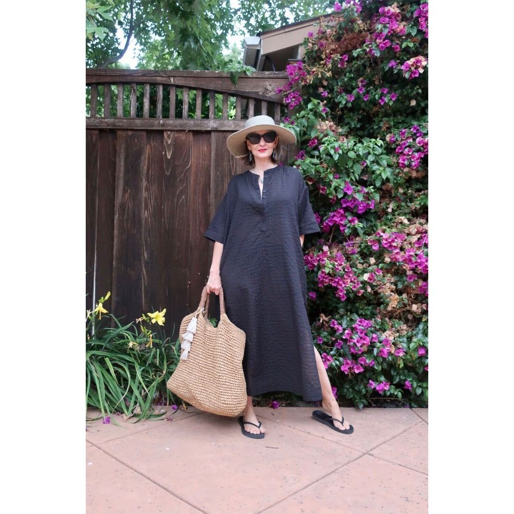Everlane The Caftan Dress Size Medium M Black Organic Cotton Textured Oversized - Picture 1 of 11